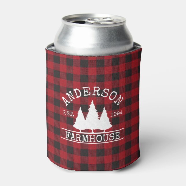Enfriador De Latas Familia Farmhouse Nombre Red Buffalo Plaid (Lata Anverso)