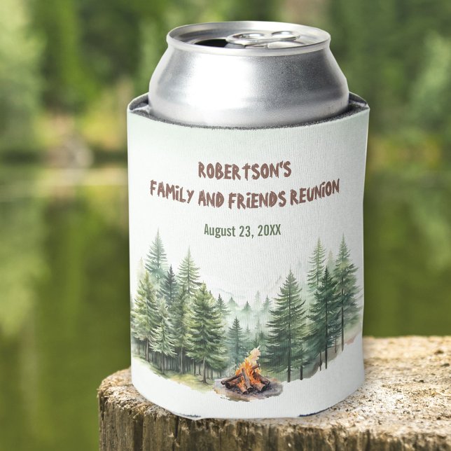 Enfriador De Latas Familia Reunión Nombre Bosque Campfire Verde (Family Reunion Name Forest Campfire Green Can Cooler)