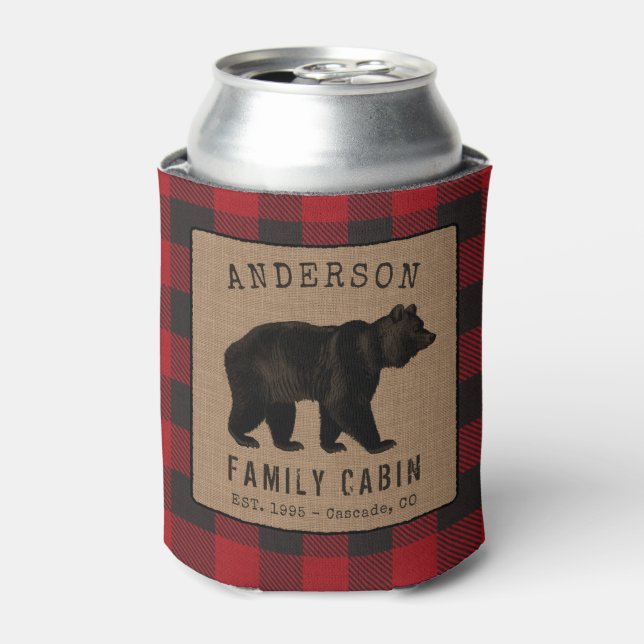 Enfriador De Latas Familia Rustic Bear Cabina Red Buffalo Plaid Burla (Lata Anverso)