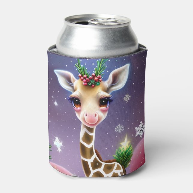 Enfriador De Latas Fantasía Adorable bebé Giraffe con Holly (Lata Anverso)