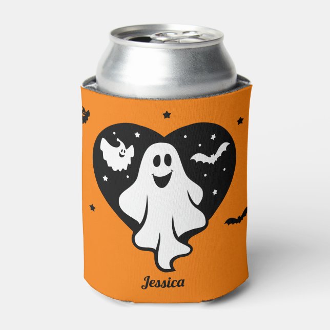 Enfriador De Latas Fantasma De Halloween Con Corazón Y Barba (Lata Anverso)