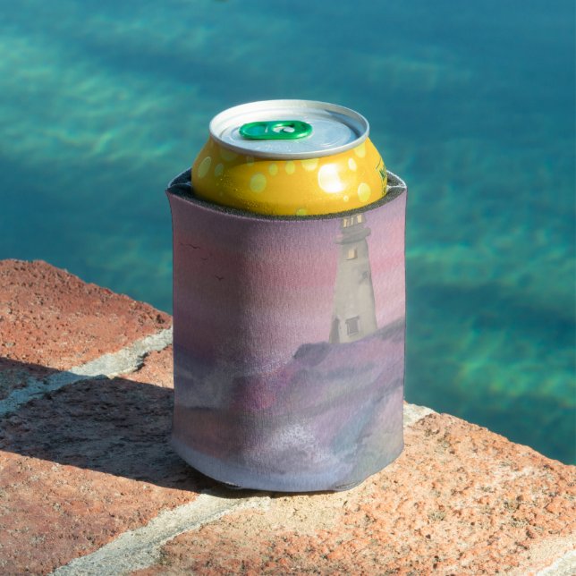 Enfriador De Latas Faro Azul Costero Con Cielo Rosa (Piscina in situ)
