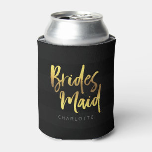 Enfriador De Latas Faux Gold Bridesmaid Name Black Strips