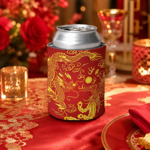 Enfriador De Latas Favor de Boda Chino Dragón Rojo Fénix Dorado