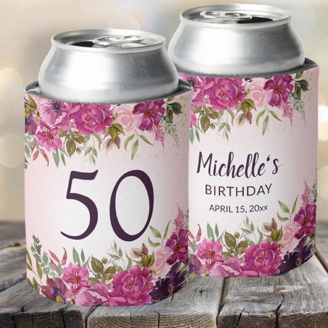 Enfriador De Latas Favoritos de cumpleaños número 50 con flores acuar (Two-sided 50th birthday party can cooler with pink and purple watercolor flowers)