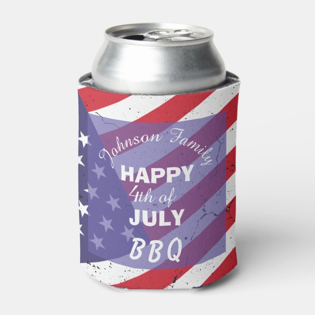 Enfriador De Latas Feliz 4 de julio, barbacoa de la familia patriótic (Lata Anverso)