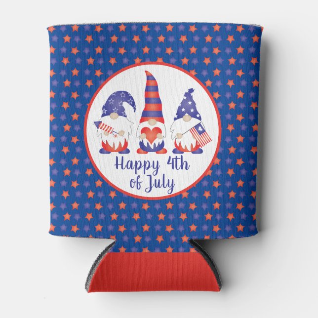 Enfriador De Latas Feliz 4 de julio de gnomos azul rojo blanco (Anverso)