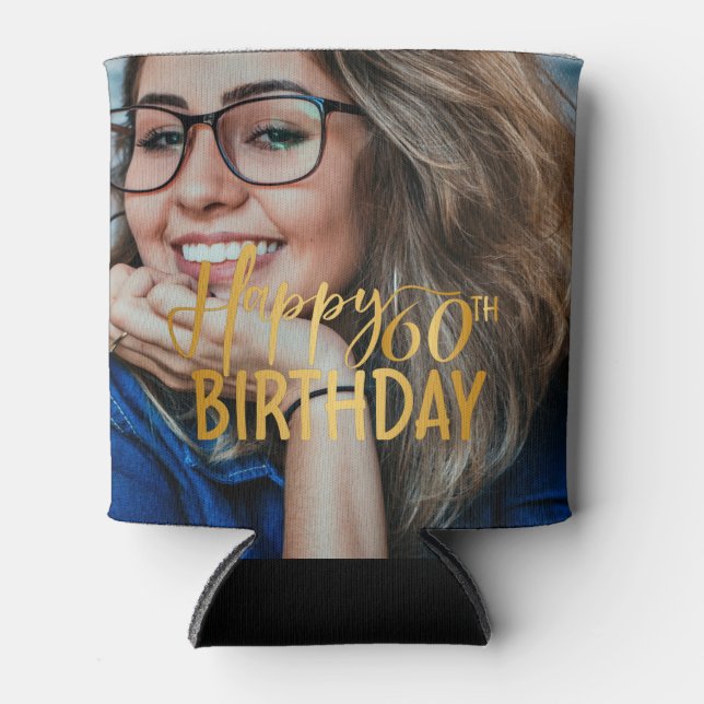 Enfriador De Latas Feliz 60 aniversario Script de foto personalizada (Anverso)