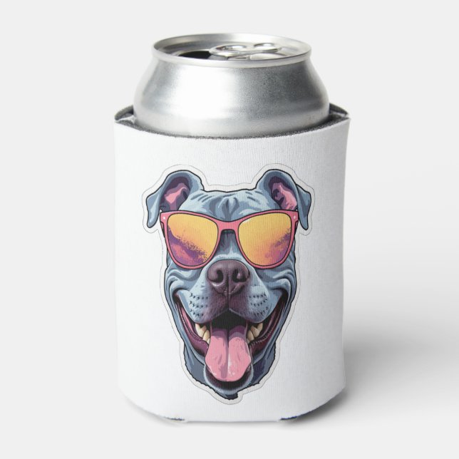 Enfriador De Latas Feliz azul Pitbull con gafas de sol (Lata Anverso)