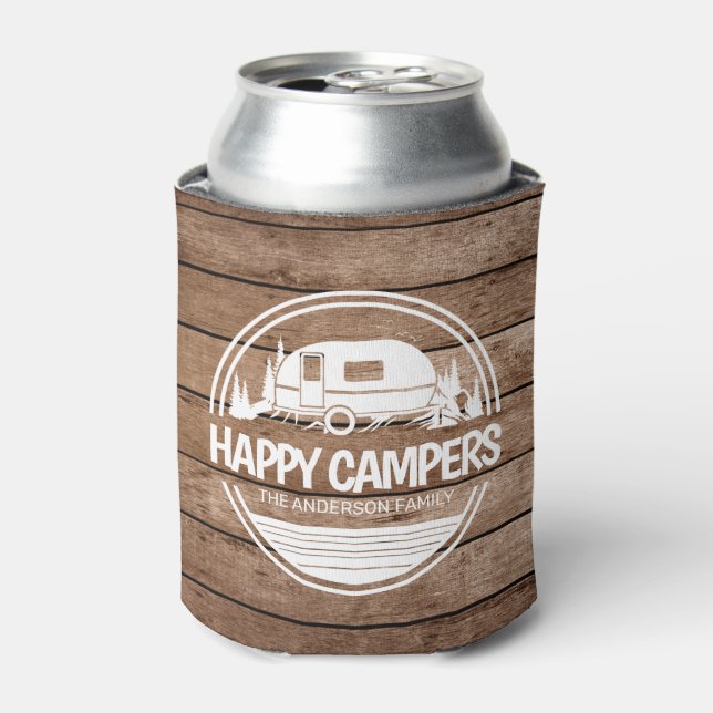 Enfriador De Latas Feliz camping de madera rústica (Lata Anverso)