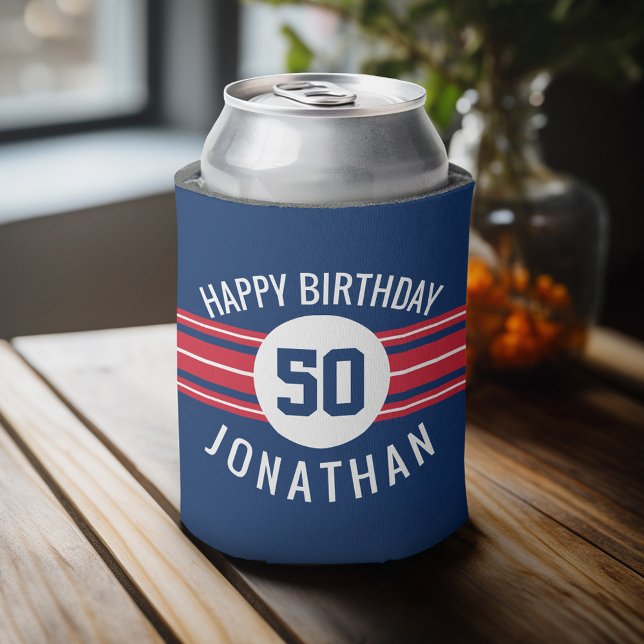 Enfriador De Latas Feliz cumpleaños Deportes Jersey Stripes Nombre y  (Personalized Can Cooler - add Your Name or Other Custom Text)