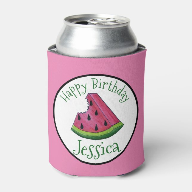 Enfriador De Latas Feliz cumpleaños Pink Watermelon Slice Fruit Picni (Lata Anverso)