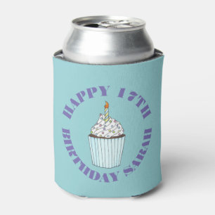 Enfriador De Latas Feliz cumpleaños, torta azul rociada con espolvore