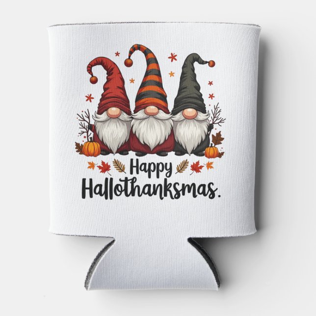 Enfriador De Latas Feliz Hallothanksmas Halloween Navidad Gnomes (Anverso)