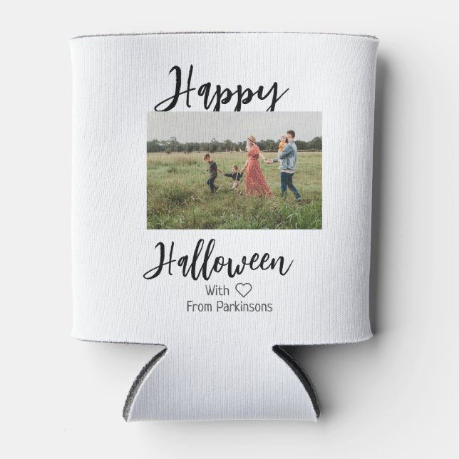 Enfriador De Latas Feliz Halloween agregar nombre de familia foto sim (Anverso)