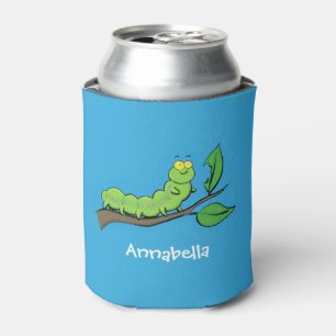 Enfriador De Latas Feliz ilustracion personalizado de oruga verde