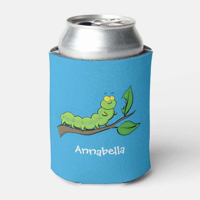 Enfriador De Latas Feliz ilustracion personalizado de oruga verde (Lata Anverso)