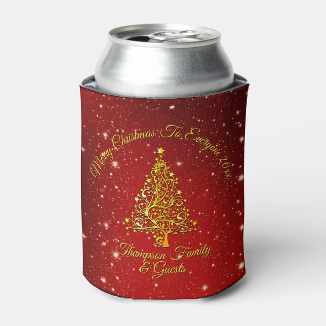 Enfriador De Latas Feliz Navidad 20XX Estrellas de árbol de oro rojo (Lata Anverso)