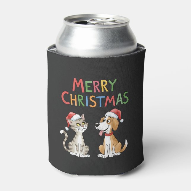Enfriador De Latas Feliz Navidad al gato y al perro con sombreros de  (Lata Anverso)