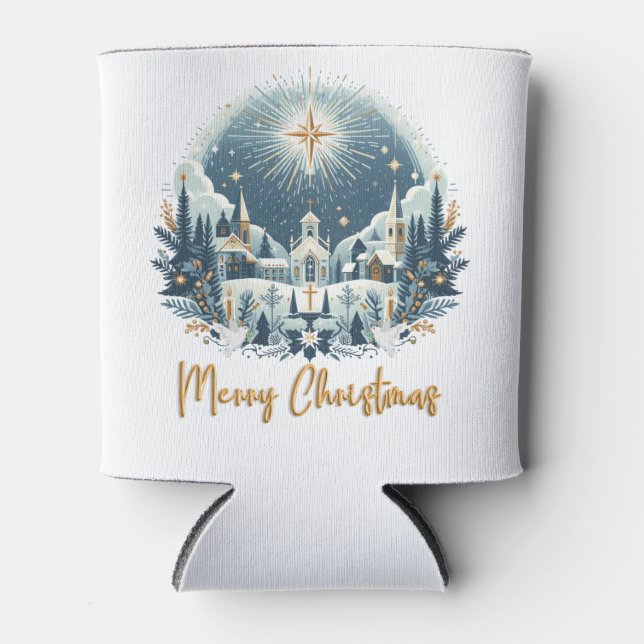 Enfriador De Latas Feliz Navidad azul y oro Frasco (Anverso)