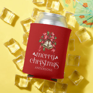 Enfriador De Latas Feliz Navidad Campanas Festivas Lazo Rojo