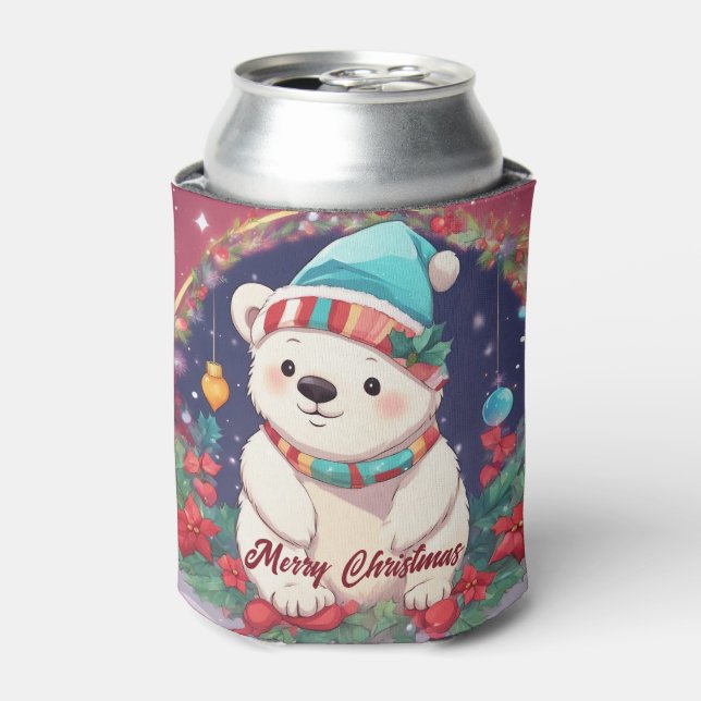 Enfriador De Latas Feliz Navidad oso polar blanco (Lata Anverso)