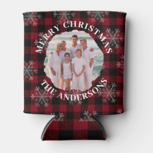 Enfriador De Latas Feliz Personalizado navideño foto Black Red Plaid
