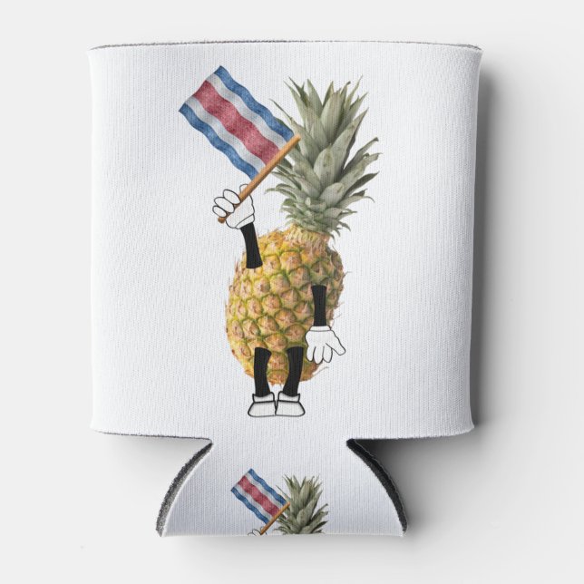 Enfriador De Latas Feliz piña ondeando una bandera costarricense. (Anverso)