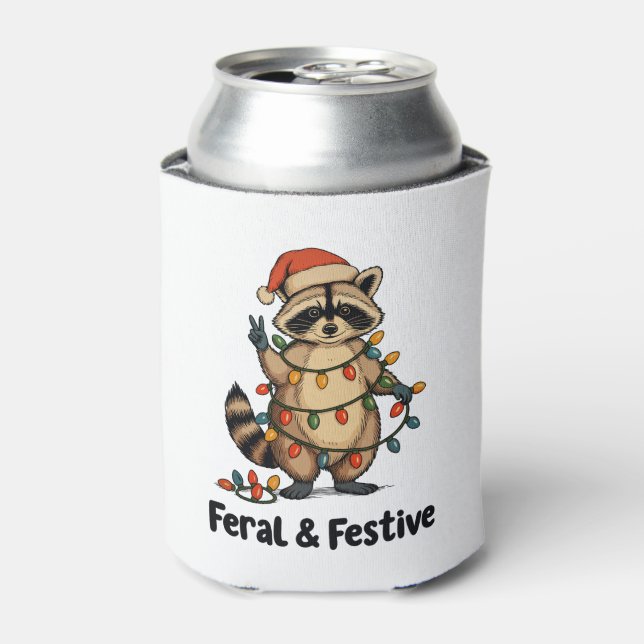 Enfriador De Latas Feral And Festive Raccoon Christmas Xmas Lights (Lata Anverso)