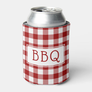 Enfriador De Latas Fiesta BBQ del patrón clásico de Gingham blanco ro