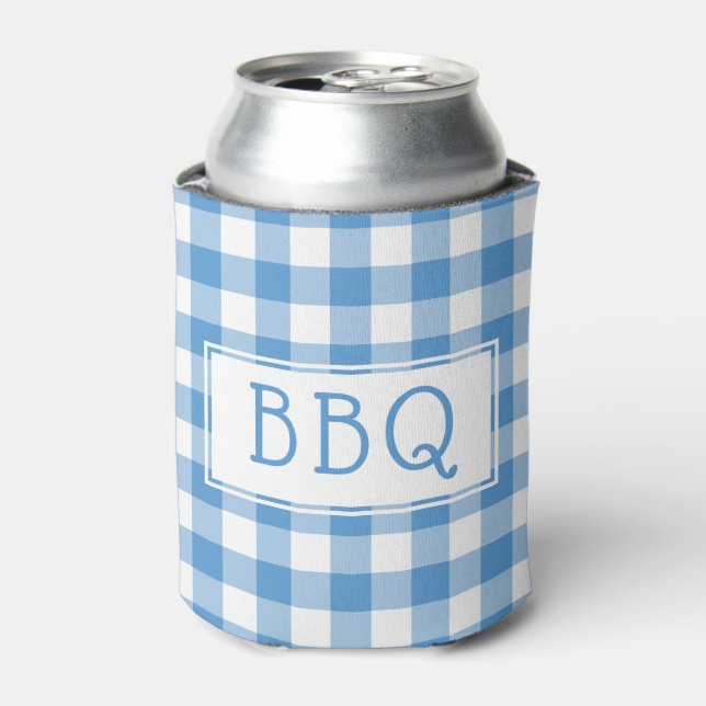 Enfriador De Latas Fiesta BBQ del patrón de Gingham de azul claro clá (Lata Anverso)