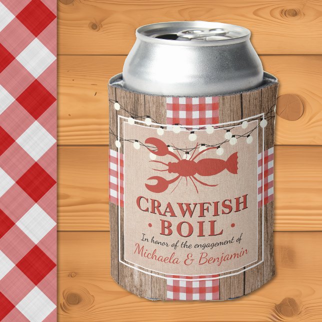 Enfriador De Latas Fiesta de compromiso de langosta de langosta (Crawfish Boil Lobster Engagement Party Rustic Can Cooler)