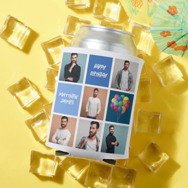 Enfriador De Latas Fiesta de cumpleaños azul Collage de fotos persona (Verano in situ)