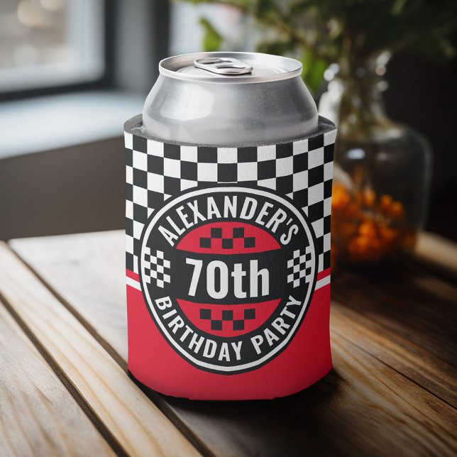 Enfriador De Latas Fiesta de cumpleaños con bandera verificada para l (Personalized Can Cooler - add a name and custom text to this sports jersey design)