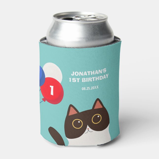 Enfriador De Latas Fiesta de Cumpleaños con Gatos Globos Niños (Lata Anverso)
