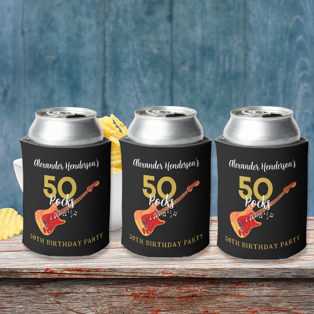 Enfriador De Latas Fiesta de cumpleaños de 50 rocas para él (50 rocks 50th birthday party personalized can coolers funky electric guitar black and gold)