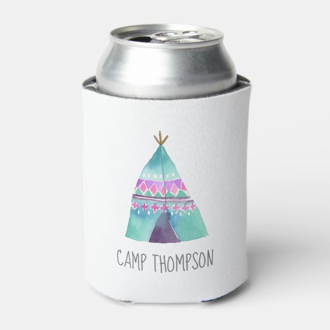 Enfriador De Latas Fiesta de cumpleaños de Camping de Acuarela (Lata Anverso)