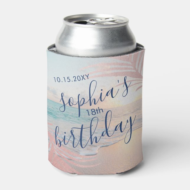 Enfriador De Latas Fiesta de cumpleaños de playa favorece a rosa pers (Lata Anverso)