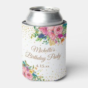 Enfriador De Latas Fiesta de cumpleaños floral amarilla rosa azul