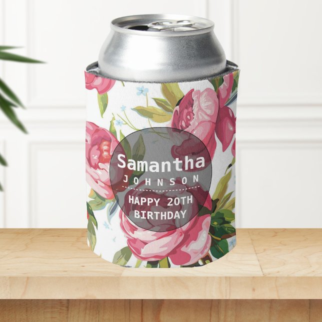 Enfriador De Latas Fiesta de cumpleaños personalizada con flores rosa (Subido por el creador)