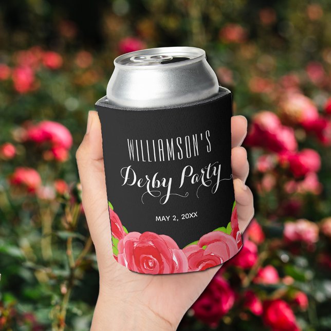 Enfriador De Latas Fiesta de Derby de Rosas Rojas en Acuarela (Watercolor Red Roses Derby Party Beverage Can Coolers)