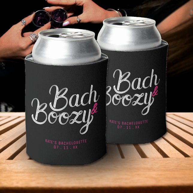 Enfriador De Latas Fiesta de Despedida de Soltera Bach & Boozy Negra  (Bach & Boozy Black & Pink Bachelorette Party Can Cooler
)