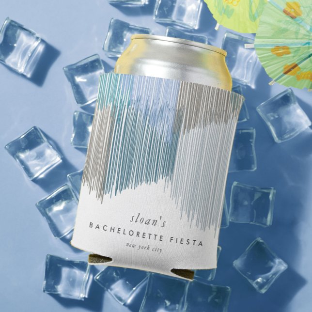 Enfriador De Latas Fiesta de Despedida de Soltera Franja Moderna Azul (Blue Modern Fringe fiesta can cooler.)