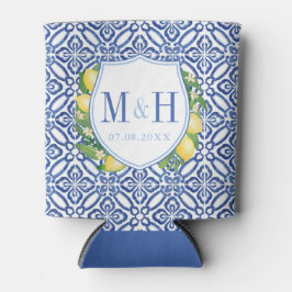 Enfriador De Latas Fiesta de ducha de novia con mosaico azul de lemon