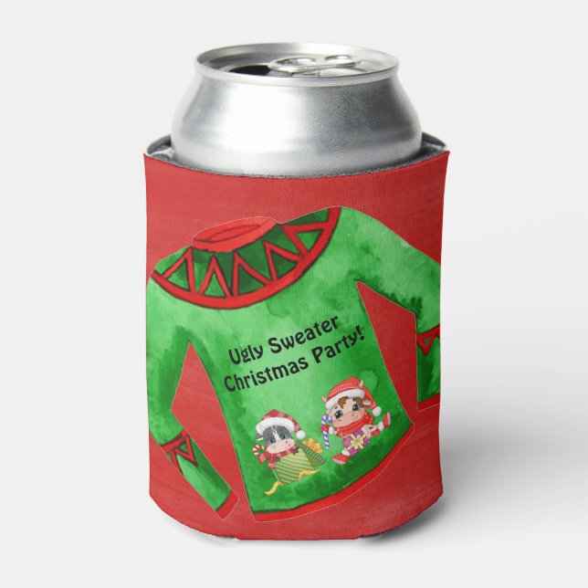 Enfriador De Latas Fiesta de Navidades suéteres feos editable (Lata Anverso)