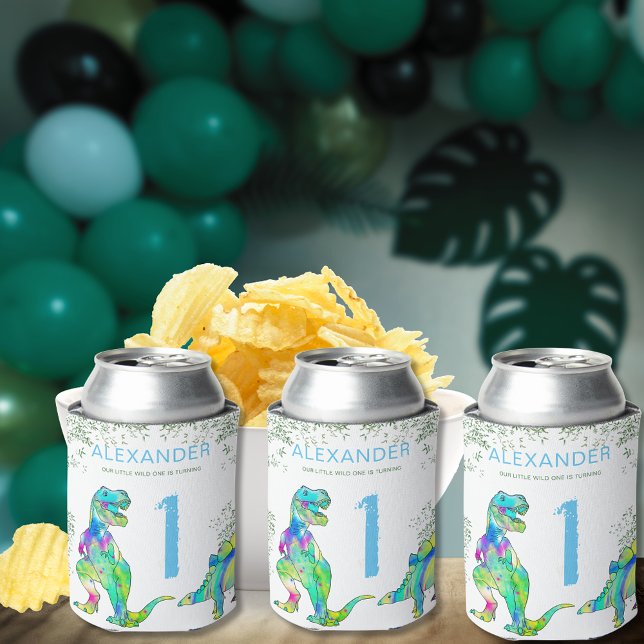 Enfriador De Latas Fiesta del primer cumpleaños de Wild One Dinosaur (Wild one dinosaur birthday party custom can coolers colorful watercolor T-Rex stegosaurus dino )