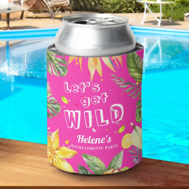 Enfriador De Latas Fiesta Tropical de Despedida de Soltera Rosa Diver (Fun Tropical Pink Bachelorette Party Can Cooler)