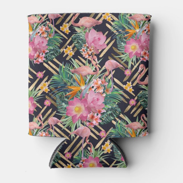 Enfriador De Latas flamencos florales tropicales y trazos dorados (Anverso)