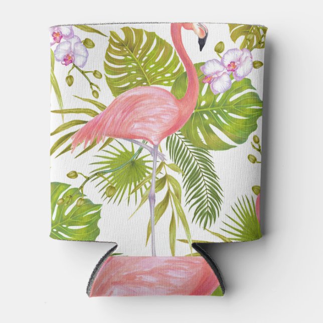 Enfriador De Latas Flamencos rosados, orquídeas: patrón acuarela. (Anverso)