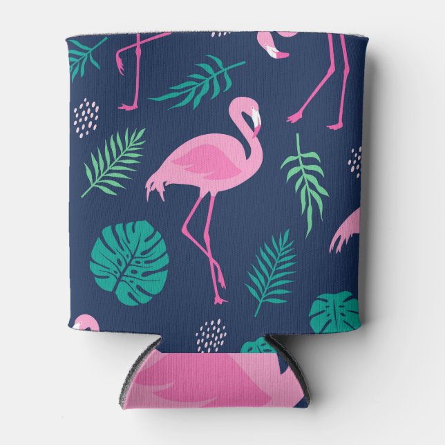 Enfriador De Latas Flamencos rosas, palmeras tropicales, costureras d (Anverso)